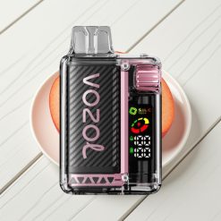 VOZOL Vista 20000 Puffs Recarregável Bateria 650mAh Resistência S.i.L.C Tech Tela OLED Sabor Pêssego Gelo